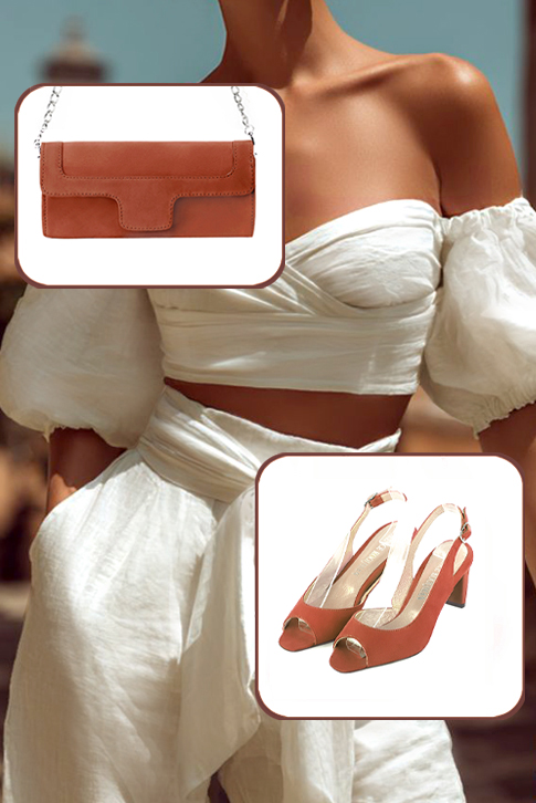 Dress heels peep-toe slingback in terracotta orange leather with medium comma heels and square toe - Worn view